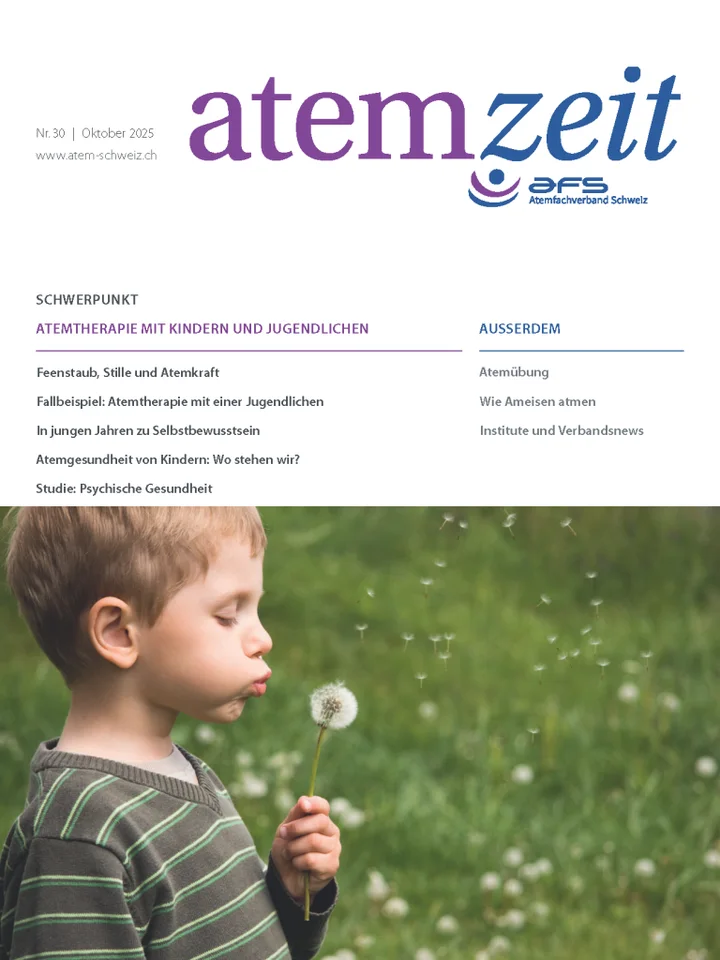 Titelseite der atemzeit Nr. 30/2025 zum Thema Atemtherapie mit Kindern und Jugendlichen